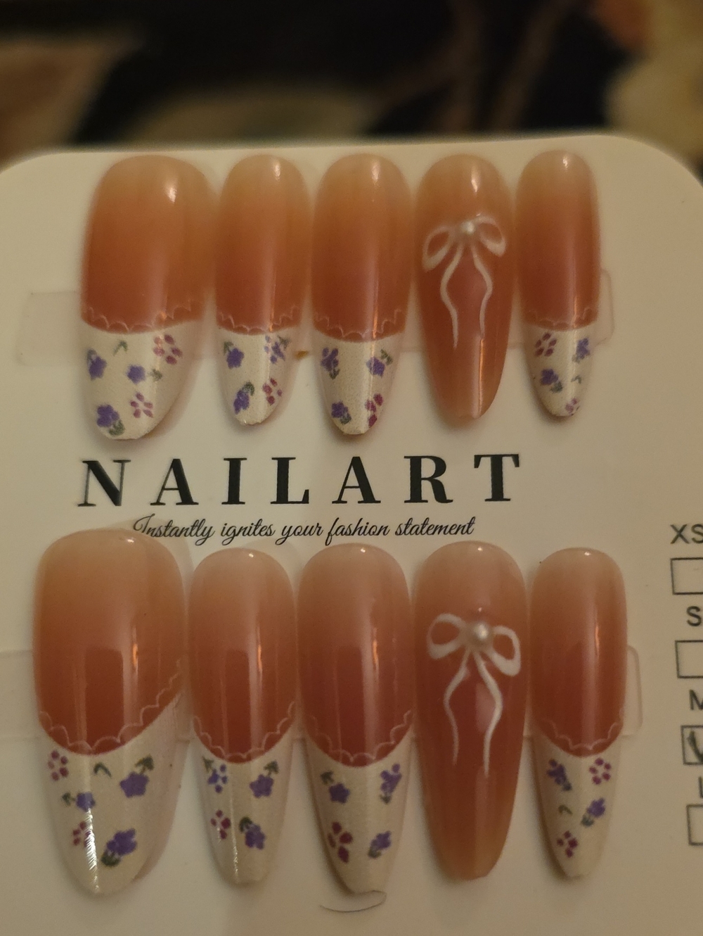 Women's French Tip Press-On Nails in Nude with Purple Floral Accent Size Med